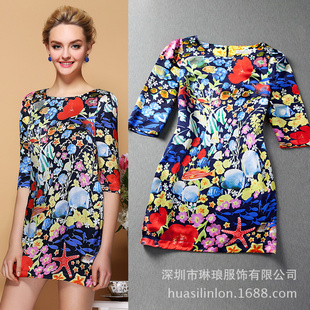 批發采購連衣裙-服裝批發加盟 品牌女裝 新款 真絲定位印花 海底世界中袖連衣裙女.